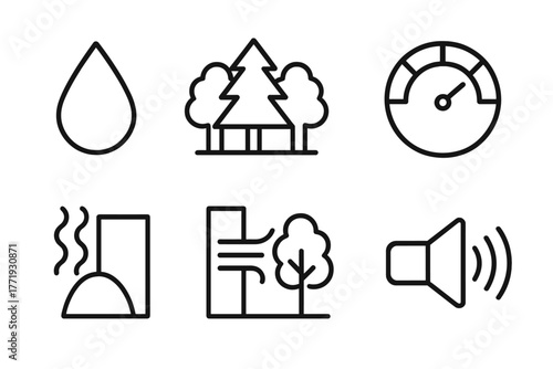Rehab Environment Icons. Line style icons of Environmental Factors in Rehab: clean water droplet, healthy forest, air quality