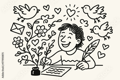 Joyful Poetic Creation. A doodle of a happy poet writing with hwyl, words sprouting into smiling vines, glowing hearts, and