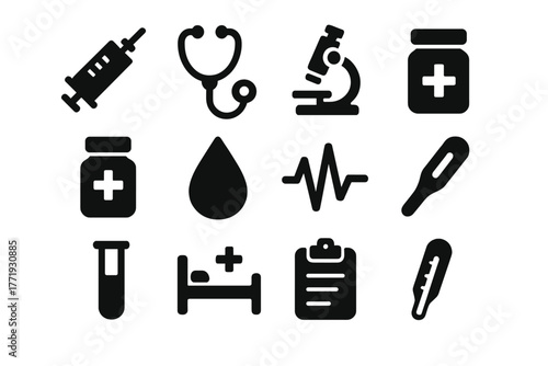 Medical Icon Set. Solid style icons of medical research: syringe, stethoscope, microscope, pill bottle, blood drop, heartbeat line