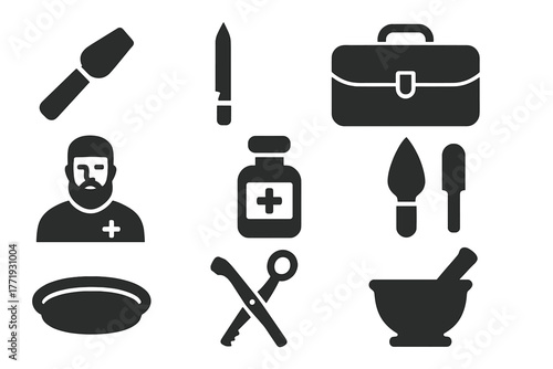 Antique Barber Surgeon Tools. Solid style icons of Antique Barber Surgeon Kit: Fleam, Bloodletting Knife, Case, Barber Surgeon,