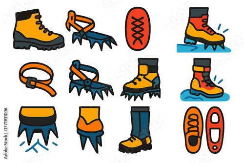 Colorful Climbing Icons. Flat vector icons of climbing boots and crampons: mountaineering boots, crampon with spikes, boot laces,