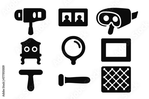 Antique Optical Devices. Solid style icons of Antique Optical Entertainment: Stereoscope, Card, Viewer, 3D Image, Parlor, Lens,