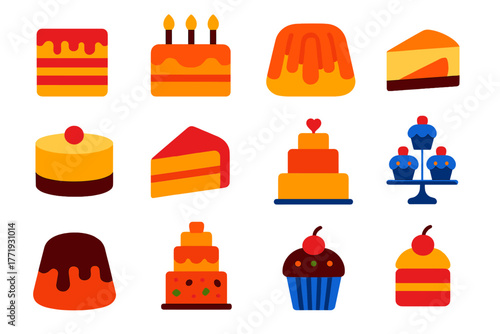 Colorful Cake Icons. Flat vector icons of cakes: layered cake, birthday cake with candles, bundt cake, cheesecake, slice of cake,