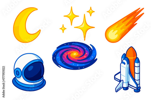 Cosmic Elements Icons. Isometric vector illustration set Cosmic Elements: crescent moon, shining stars, colorful galaxy, blazing