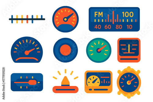 Colorful Radio Dial Icons. Flat vector icons of radio dials: frequency dial scale, AM dial with needle, FM dial with numbers,