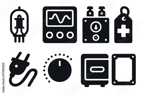Vintage Medical Icons. Solid style icons of vintage medical tech style: Tube Diagram, Scientific Panel, Archaic Device, Medical