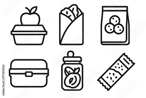 Vegan Travel Icons. Line style icons of vegan diet: travel-friendly vegan food, packed wrap icon, energy bites pouch, reusable