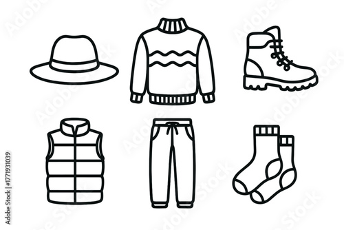 Glamping Gear Icons. Line style icons of Glamping Clothing and Footwear: wide brim hat, cozy sweater, hiking boots, insulated vest