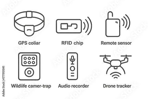 Wildlife Monitoring Icons. Line style icons of Wildlife Monitoring Tech: GPS collar, RFID chip, remote sensor, wildlife camera