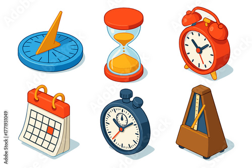 Vibrant Timekeeping Icons. Isometric vector illustration set Timekeeping Collection: garden sundial, glass hourglass with sand,
