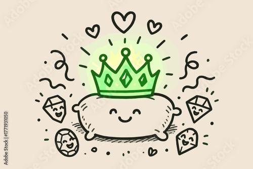 Glowing Crown on Pillow. A doodle of a glowing smaragdine crown resting on a smiling pillow, surrounded by playful jewels,