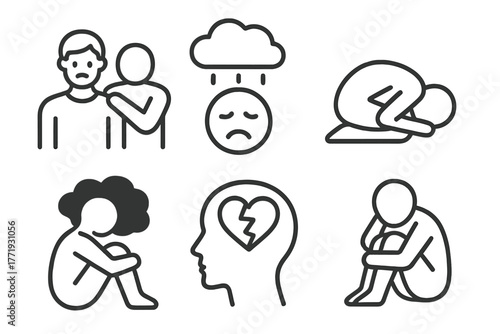 Mental Health Icons. Line style icons of mental health: depression support, sad face with rain cloud, curled up figure, mental
