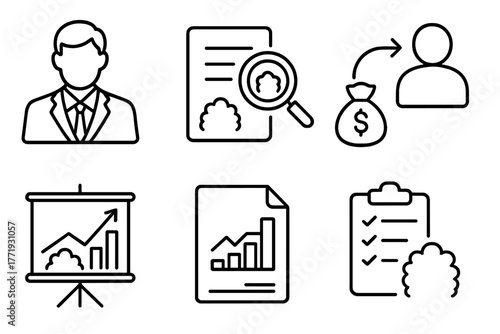 Hedge Fund Icons. Line style icons of hedge funds: fund manager profile, due diligence process, investor onboarding, fund