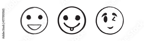 Brush Stroke Emoji Collection. Cartoon people face emotions set in doodle scribble pencil marker style hand drawn set. grunge emotions set. Vector Emoticon Line Art Set