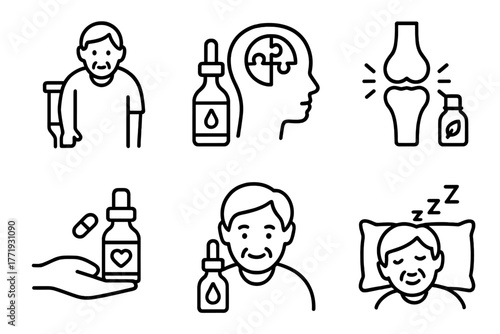 Homeopathy Line Icons. Line style icons of homeopathy for seniors: aging support, memory tonic, joint ease, gentle dosage, heart