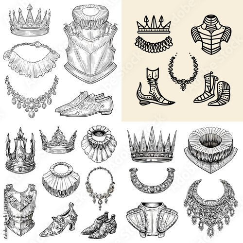Set of royal fashion and armor sketches including crowns, boots, collars, and jewelry. Detailed vintage illustration style depicting noble accessories, historical costumes, and decorative elements.