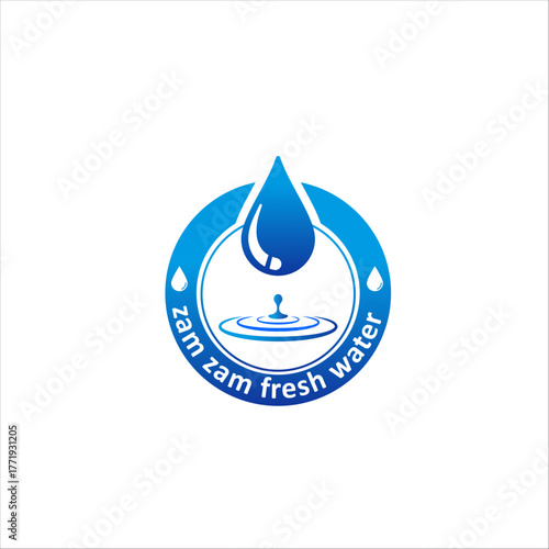 Zam Zam Fresh Water Logo - Blue Water Drop and Hand Care Badge Vector Emblem