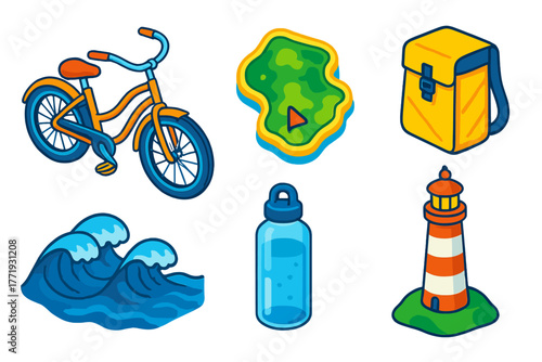 Coastal Bike Touring Icons. Isometric vector illustration set Coastal Bike Touring: beach cruiser bicycle, island map, travel