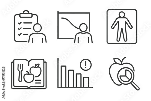Nutrition Science Icons. Line style icons of nutrition science: nutritional assessments, BMI chart icon, body composition scan,