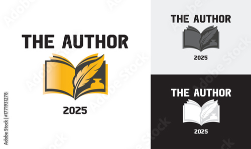 The Author Logo Design with Open Book, Feather Quill, and Ink Bottle – Modern Literary Brand Emblem 2025