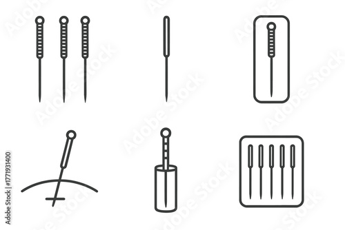Acupuncture Needle Icons. Line style icons of acupuncture: acupuncture needles, thin sterile needle icon, needle in packaging,