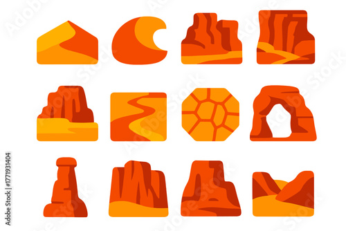 Vibrant Desert Icons. Flat vector icons of desert landscapes: sand dune ridge, crescent dune, desert canyon, rocky mesa, dry