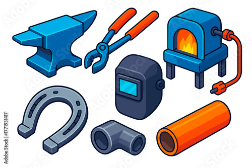 Colorful Blacksmith Tools. Isometric vector illustration set Industrial Blacksmith: modern anvil, mechanical tongs, gas forge,