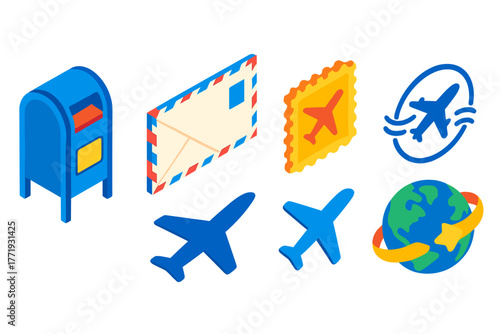 Airmail Iconography. Isometric vector illustration set Airmail Service: tall mailbox, striped airmail envelope, commemorative