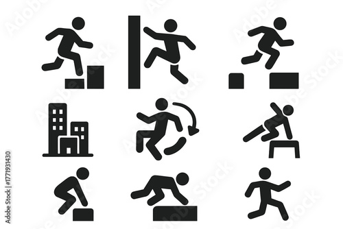 Urban Parkour Icons. Solid style icons of Urban Free Running: Parkour, Wall Run, Precision Jump, Urban Environment, Flow, Vault,