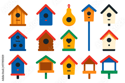 Vibrant Birdhouse Icons. Flat vector icons of birdhouses: wooden birdhouse, painted birdhouse, hanging gourd house, tall pole