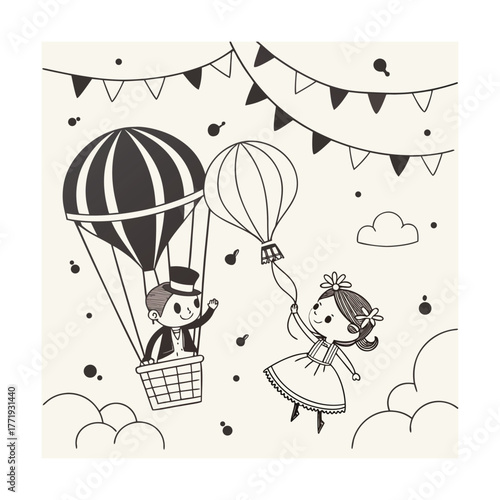 Joyful children celebrate adventure in hot air balloons with festive bunting isolated on transparent background