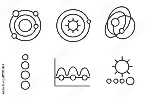 Exoplanet Icon Set. Line style icons of exoplanets: multi-planet system, star with orbits, orbital resonance icon, planetary