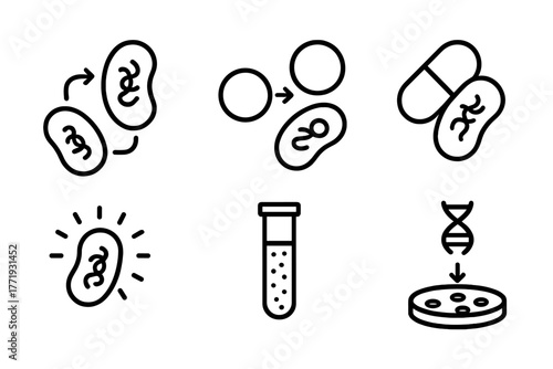 Genetic Engineering Icons. Line style icons of genetic engineering: bacterial transformation, gene plasmid uptake, antibiotic