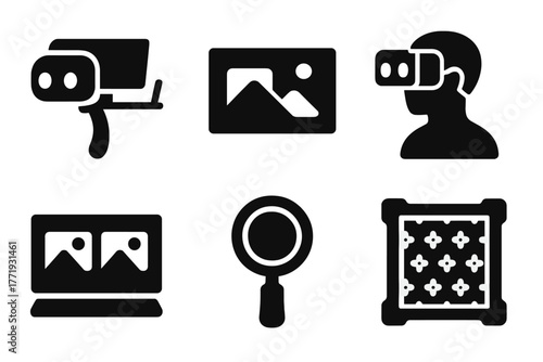 Classic Parlor Devices. Solid style icons of Classic Parlor Device: Stereoscope, Card, Viewer, 3D Image, Entertainment, Lens,