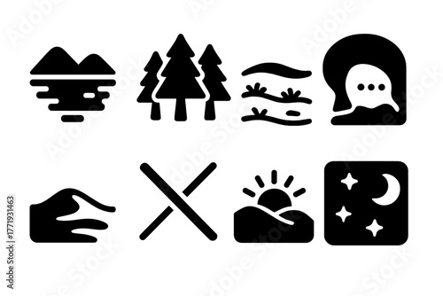 Natural Silence Icons. Solid style icons of natural silence: Still Lake Symbol, Quiet Forest Icon, Snow-Covered Field, Cave
