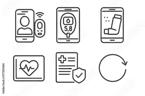 Telemedicine Icon Set. Line style icons of telemedicine: chronic care remote, diabetes monitor screen, asthma app tracker,