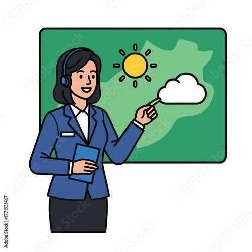 Weather forecaster presenting sun and cloud icons on a green board isolated on white background