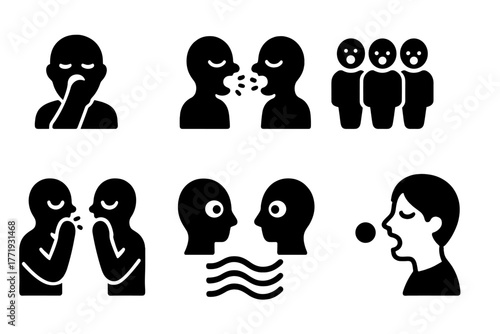 Yawning Chain Reaction Icons. Solid style icons of yawning chain reaction: First Yawn, Mirror Neuron, Group Response, Domino