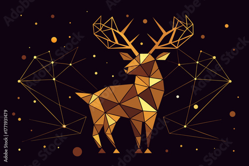 Geometric reindeer silhouette vector card with overlapping triangles and snowflakes on dark background