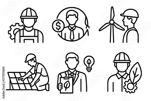 Renewable Energy Icons. Line style icons of renewable energy: renewable jobs, green economy icon, technician at turbine, solar