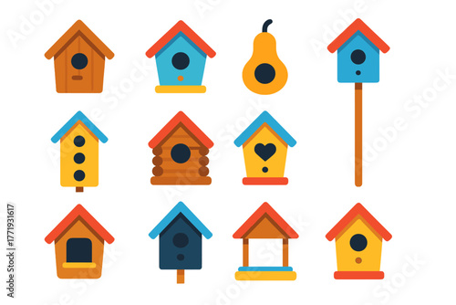 Vibrant Birdhouse Icons. Flat vector icons of birdhouses: wooden birdhouse, painted birdhouse, hanging gourd house, tall pole