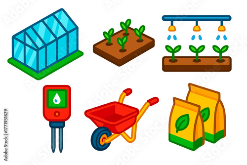 Greenhouse Farming Essentials. Isometric vector illustration set Greenhouse Farming: large glass panes, sprout rows, overhead