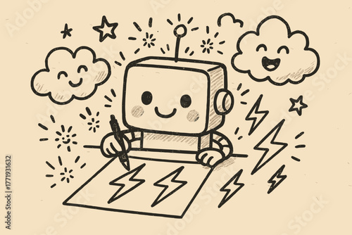 Joyful Machine Doodles. A doodle of a smiling machine drawing lightning bolts on paper, with happy sparks, giggling clouds, and