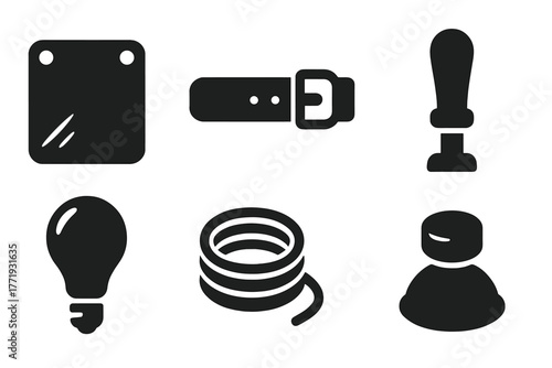 Quack Device Icons. Solid style icons of common quack device materials: Shiny Metal Plate, Leather Strap, Wooden Handle, Glass