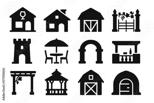 Winery Icon Set. Solid style icons of winery architecture: tasting room, farmhouse, cellar door, vineyard gate, stone tower, patio