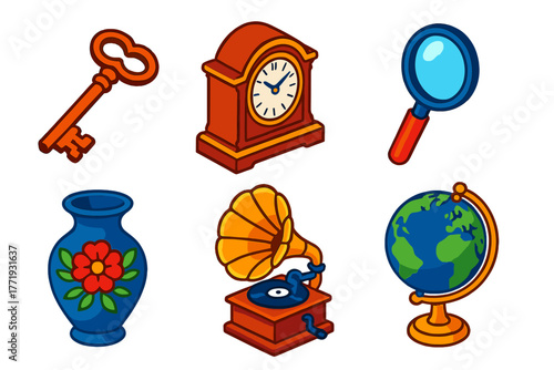 Vibrant Antique Icons. Isometric vector illustration set Antique Market: rusty key, decorative mantel clock, magnifying glass,