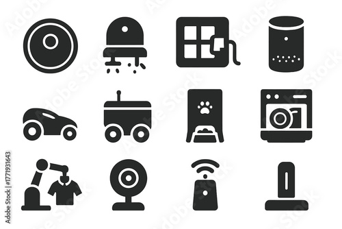 Household Robot Icons. Solid style icons of household robots: vacuum robot, mop bot, window cleaner, smart assistant, lawn mower