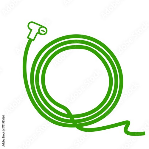 Minimalist green garden hose vector icon, cleaned outlined coil with nozzle, digital eco-friendly design on transparent background for gardening themes