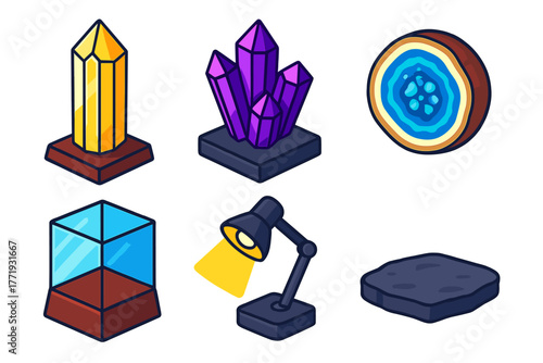 Geology Crystal Display. Isometric vector illustration set Geology Display: tall quartz point, amethyst crystal, round geode slice