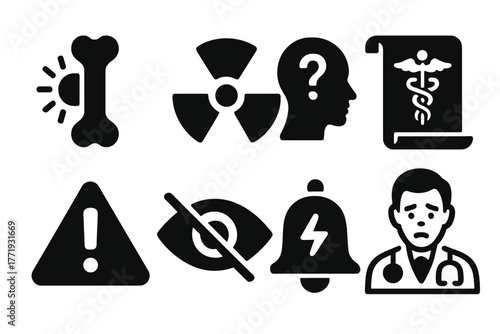 Solid Safety Icons. Solid style icons of safety concerns and health history: Bone Highlight, Exposure Symbol, Caution Label,